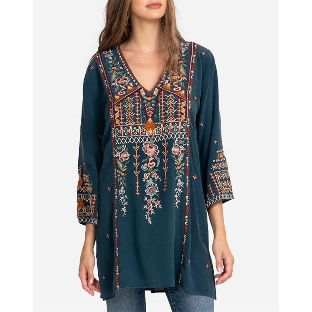 Johnny Was Leigh Toledo Tunic Teal 100% Silk V-Neck Embroidered Boho SZ S